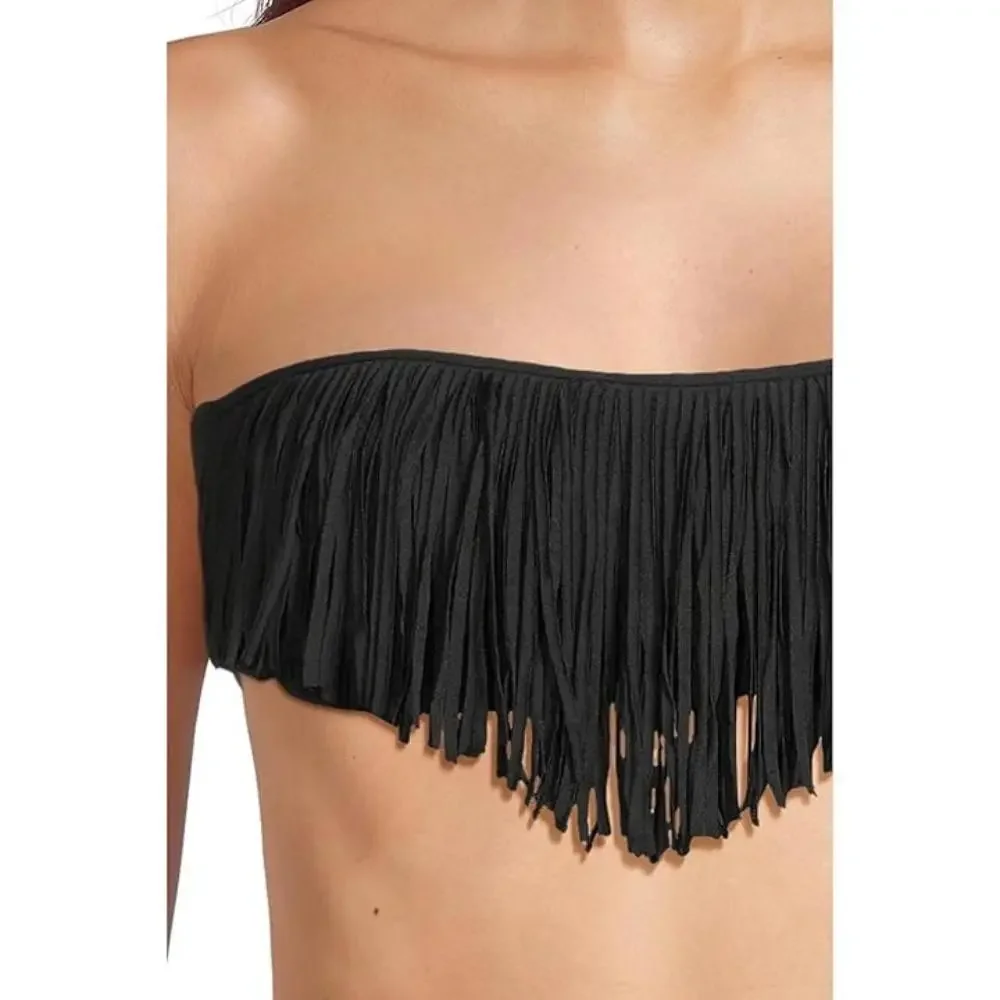 L*Space Dixie Top Womens XL Black Fringe Nylon Stretch Strapless Swimwear TLW74